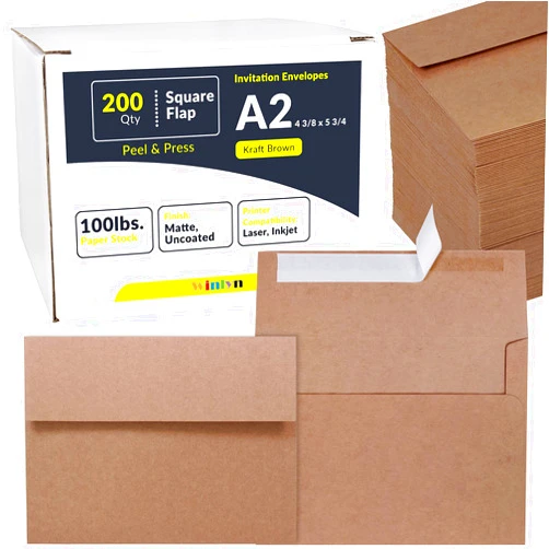 Winlyn 200 Pcs A2 Invitation Envelopes in Kraft Brown Peel & Press Self Seal 4 3/8 x 5 3/4 Square Flap Envelopes RSVP Return Envelopes 100lb. for Announcement Mailing 4x5 Greeting Cards Photo 1/4 Fold Cards