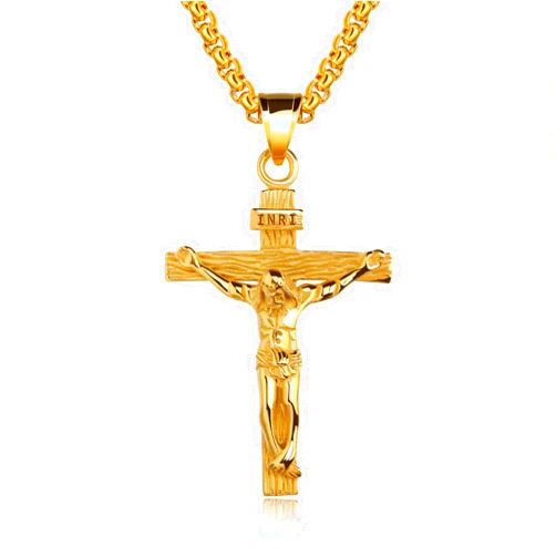 Sifity Cross Necklace Gold Titanium Steel Pendant Necklace Lord's Prayer INRI Crucifix Religious Amulet Chain 24 Inch for Men, Boys, Women Gift Box