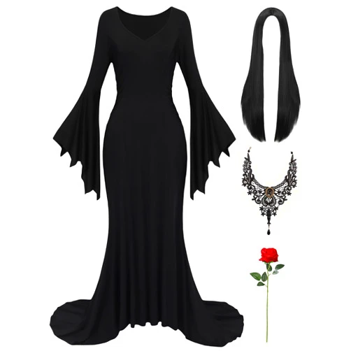 RAAIBB Halloween Costume Women Adult Long Black Dress with Gothic Necklace Wig Retro Black Gothic Dress for Costume Cosplay