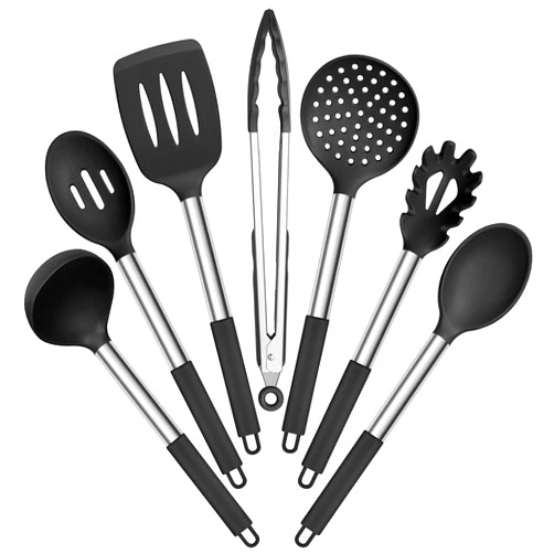 E-far Silicone Cooking Utensils Set, 7 Pcs Heat Resistant Kitchen Utensils with Stainless Steel Handle, Slotted Turner, Spoon, Soup Ladle, Pasta Server, Skimmer, Tongs for Nonstick Cookware, Black