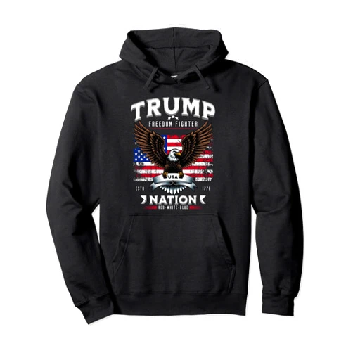 BizzyflyUSA Freedom Fighter Trump Patriotic Eagle USA Flag Pullover Hoodie