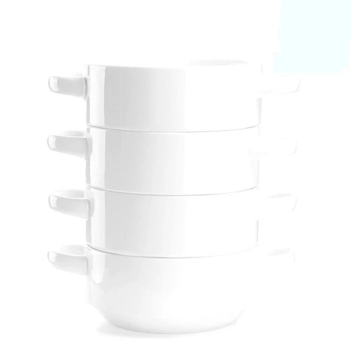 Sweese Porcelain Soup Bowls with Handles, 20 Ounce French Onion Soup Bowls, Stackable Serving Bowls Oven Safe for Chili, Beef Stew, Oven Microwave Dishwasher Safe, Set of 4, Gift, White