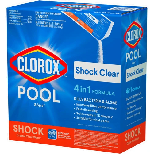 CLOROX POOL & Spa Clorox® Pool&Spa™ Shock Clear, for Crystal Clear Swimming Pool Water, Swim-ready in 15 minutes, Suitable for vinyl pools (6-Pack)