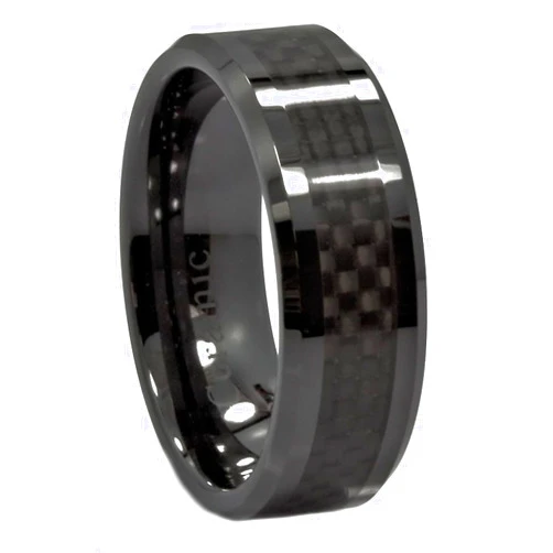 MJ Metals Jewelry Black 8mm Ceramic Black Carbon Fiber Inlay Half Dome or Recessed Edge Wedding Band Comfort Fit Ring