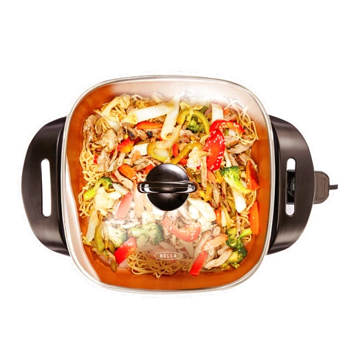 BELLA Electric Skillet and Frying Pan with Glass Lid, Nonstick Coating, Cool Touch Handles, Removable Heating Probe, Dishwasher Safe, 12 x 12 inch, Copper