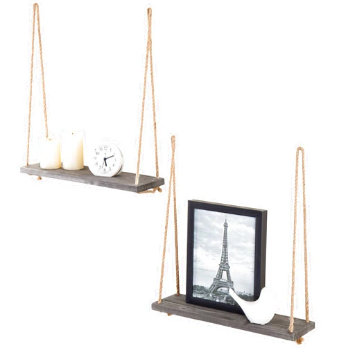 MyGift 17-inch Dark Gray Wood Hanging Rope Swing Shelves, Set of 2