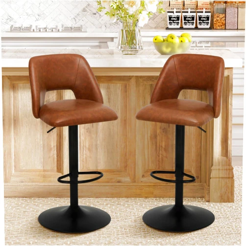 COLAMY Bar Stools Set of 2, Modern Swivel Bar Chairs, Adjustable PU Leather Upholstered Barstools Counter Height with Square Open Back for Bar, Kitchen Island, Dining Room, Brown