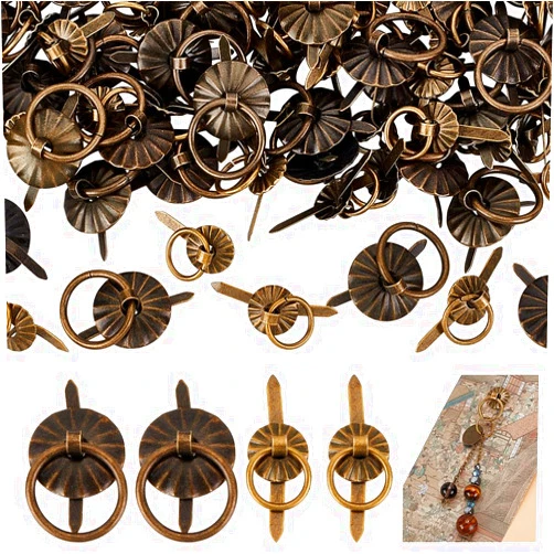 PH PandaHall 80pcs 2 Styles Metal Brad Fasteners with Pull Rings, Mini Pull Ring Handle Jewelry Drawer Pull Ring Brad Handles for Journal Paperback Book Albums Scrapbooks Jewelry Box, Antique Bronze