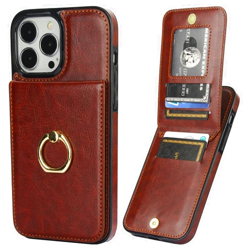 KIHUWEY for iPhone 13 Pro Max Case Wallet with Credit Card Holder, 360° Rotation Ring PU Leather Magnetic Clasp Kickstand Heavy Duty Protective Cover for Women and Men 6.7 Inch (Brown)