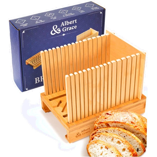 Albert&Grace Bamboo Bread Slicer for Homemade Bread – Adjustable Width Slicing Guides, Compact & Foldable Loaf Cutter for Perfect Slices & Halving Bagels