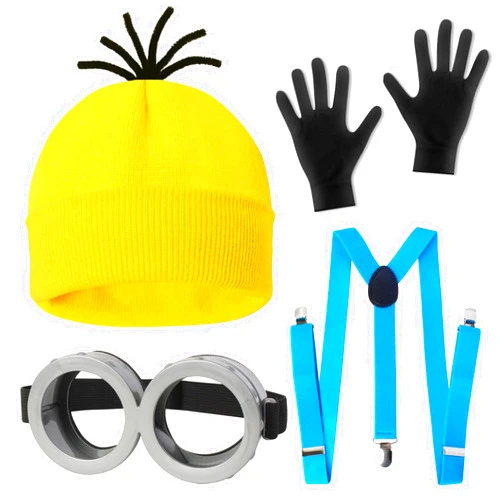 CONGRU 4 Pcs Halloween Costume Accessories Adults-Yellow Beanie hat/Goggles/Gloves/Suspenders for Halloween Dress Up