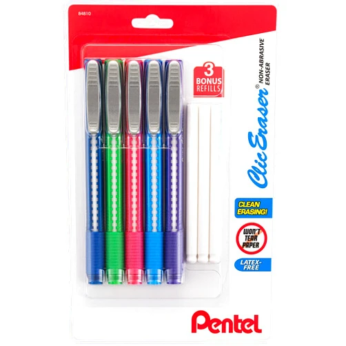Pentel Clic Eraser - Retractable Eraser with Pen Style Grip - Pack of 5 Assorted Colors with 3 Refills - Big Pencil Eraser for Drawing, Art, Office, and School Supplies, for Adults & Kids