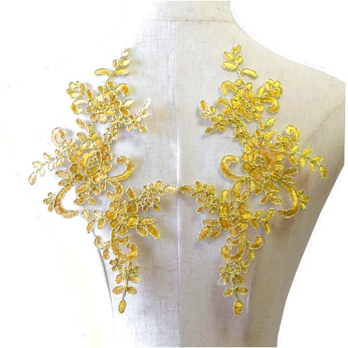 LITTLE PANDADA,1 Pair Corded Lace Applique Flower Embroidery Off White Lace Motif Sewing on Wedding Dress Accessories DIY Applique (Gold)