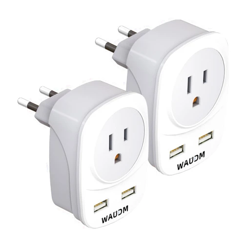 FATYER 2 Pack Europe Travel Plug Adapter with 2 USB Ports and 1 AC Type Output Adapter, USA to Most of Europe, EU, Iceland, Spain International Power Plug