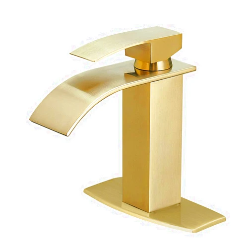 BESy Waterfall Spout Bathroom Faucet, Single Handle Bathroom Sink Faucet, Rv Vessel Faucet Basin Mixer Tap with Deck Plate, cUPC Waterlines, Brushed Gold