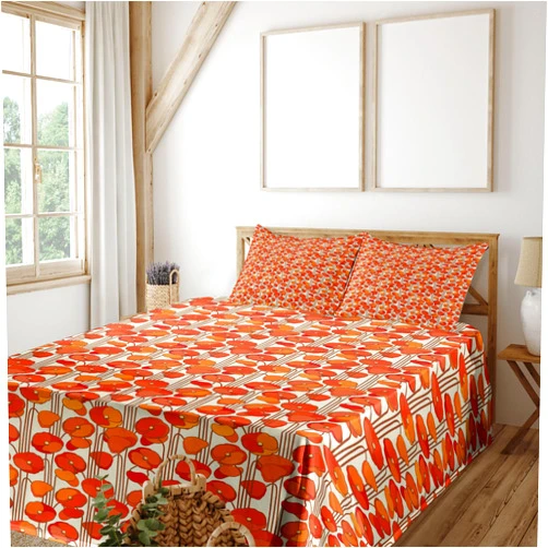 Ambesonne Floral Sheet Set, Art Nouveau Style Poppy Flowers Retro Spring Summer Garden Foliage Petals, Fitted and Flat Sheet with Pillowcases Bedding Accent 4 Piece Set, Queen, Orange and Ivory