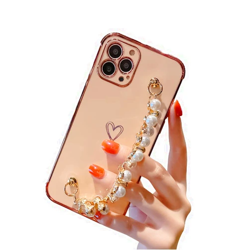Fycyko Compatible with iPhone 12 Pro Max Case, Cute Love Heart Pattern for Women Girls with Pearl Chain Wrist Strap Bracelet Soft TPU Protective Cover for iPhone 12 Pro Max 6.7 inch- Pink