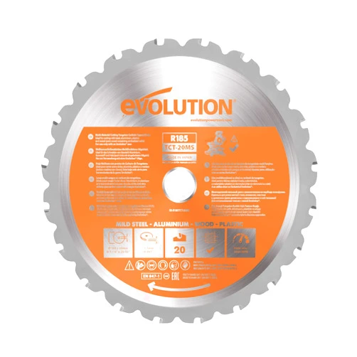 Evolution Power Tools R185TCT-20MS (Rage) TCT Blade Multi-Material Cutting Cut Steel Aluminium Plastic Wood (even with embedded nails) Virtually No Sparks or Heat, For Miter Saws, 24-Teeth, 7-1/4 Inch