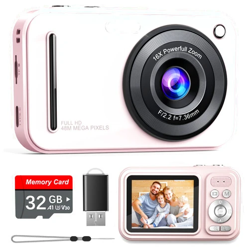Antsiya Digital Camera, Autofocus 48MP FHD 1080P Camera for Kids with 16X Zoom Anti Shake, Compact Portable Small Point and Shoot Digital Cameras with 32GB Memory Card for Teens Girls Kids Adults, Pink