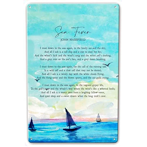 IOUJRSM Retro Metal Tin Sign 8 X 12 Inches Sea Fever Poem Wall Art Signs John Masefield Quote Poster for Room Decor Pictures Aesthetic Wall Decorations for Bedroom Rectangular Painting Prints