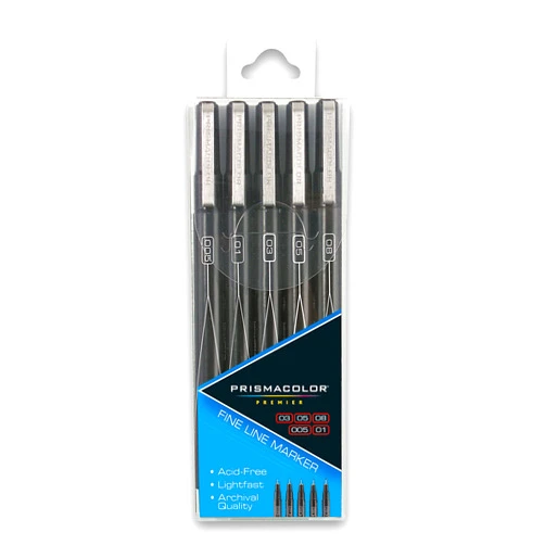 Prismacolor Premier Fine Line Illustration Markers, Assorted Fine Tips, Black, Adult Coloring, 5 Pack