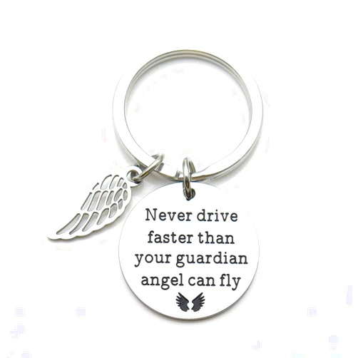 WISHOW Never Drive Faster Than Your Guardian Angel Can Fly Sweet 16 new drivers Gift Stainless Steel Keychain