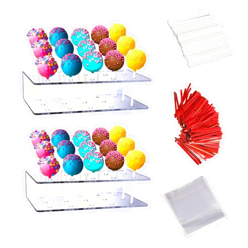 Aongch 2PCS Cake Pop Display Stand with 300 PCS Cake Pop Sticks and Wrappers Kit, 15 Hole Clear Acrylic Lollipop Holder for Weddings Birthday Parties Anniversaries Halloween Candy Red