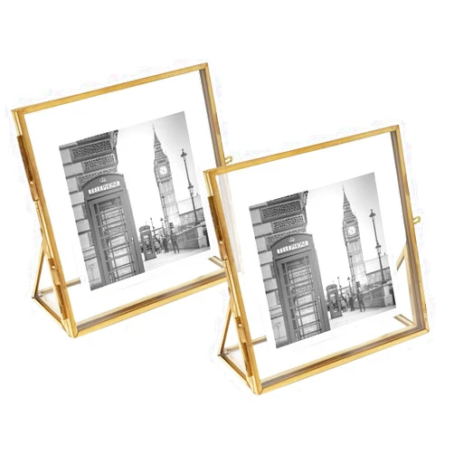 Isaac Jacobs 4x4, Antique Gold, Vintage Style Brass and Glass, Floating Photo Frame, Metal, (Vertical), with Locket Closure and Angled Base, for Pictures, Art, Mementos, Keepsakes, 2 Pack