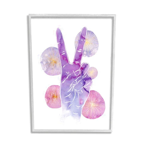 Stupell Industries Purple Watercolor Peace Hand Sign with Abstract Shapes Wall Art, 11x14, White