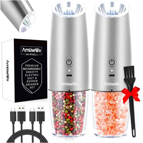 AmuseWit Gravity Electric Salt and Pepper Grinder Set [White Light] USB Rechargeable Automatic Pepper and Salt Mills,Adjustable Coarseness,One-Handed Operation,Stainless Steel
