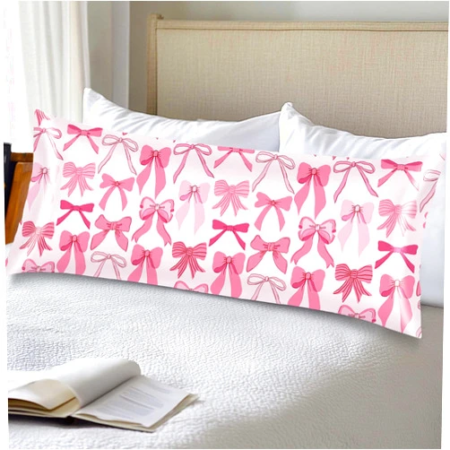 VANOVICH Pink Ribbon Bow Silk Satin Body Pillow Cover for Hair and Skin,Long Pillow Case Protector with Envelope Closure,Large Pillow Covers Decorative Bed Cushion Covers Cases for Sleep,20