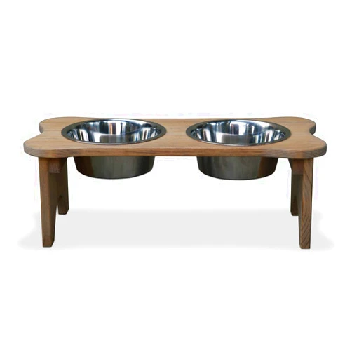 Peaceful Classics Elevated Wooden Dog Feeding Station - Unique Dog Bone Shape and Raised Stainless Steel Bowls for Comfortable Dining - Stylish and Durable Dog Food Stand with 1 Qt. Bowls Included