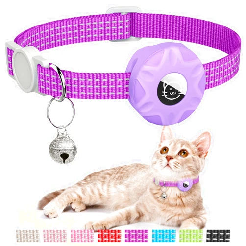 Hoeraonr AirTag Cat Collar, Reflective Kitten Collar Breakaway Apple Air Tag Cat Collar, GPS Cat Collar with AirTag Holder and Bell, Lightweight Tracker Cat Collars for Girl Boy Cats Kittens Puppies (Purple)