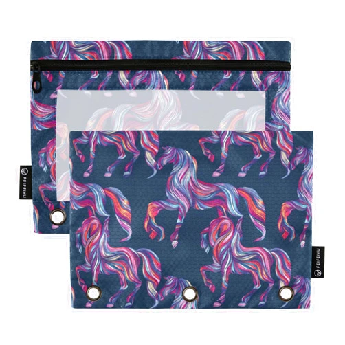 PDYRLEN Binder Pencil Pouches, Colorful Horse Linart Pattern Pencil Case with Clear Window 3 Rings Pen Case Holder Office Supplies