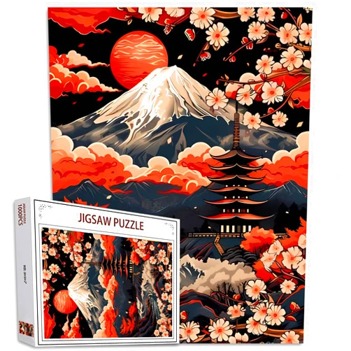 Tucocoo Japanese Mount Fuji Cherry Blossoms Jigsaw Puzzles for Adults 1000 Pieces,Red Sky Clouds Puzzle Art 20 x 27 Inch Colorful DIY Puzzles for Home Decoration,Perfect for Family Game Nights Gift Idea