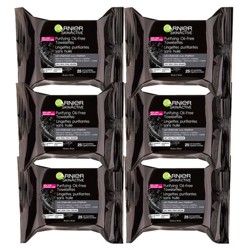 Garnier SkinActive Clean+ Charcoal Oil-Free Makeup Remover Wipes, 25 Count, 6 Pack