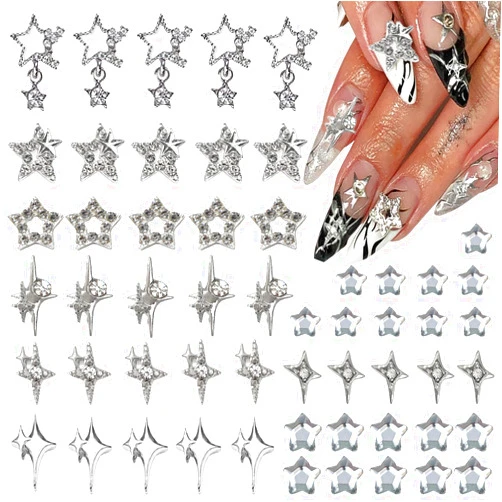 KACHIMOO 55pcs Nail Charms y2k Star Nail Charms 3D Nail Art Charms Silver Star Charms Nail Rhinestones Nail Supplies for Women and Girls Nail Design(9 Styles)