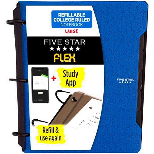 Five Star Flex Refillable Notebook + Study App, College Ruled Paper, 1 Inch TechLock Rings, Pockets, Tabs and Dividers, 200 Sheet Capacity, Pacific Blue (29328AD2)