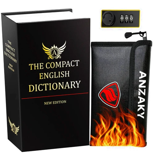 ANZAKY Dictionary Diversion Book Safe with Combination Lock and Fireproof Money Bag, ANZAKY Dictionary Storage Box for Cash Safe Hidden, Money Hiding Box, Secret Portable Metal Compartment Safe