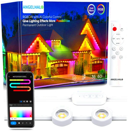 ANGELHALO Permanent Outdoor Lights Pro, 50ft with 36 LED Lights for Daily and Accent Lighting, Multiple Scene Modes Eaves Lights with Warm and Cool White Light, IP65 Waterproof, Compatible with Alexa