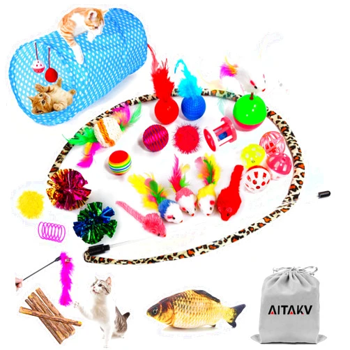 AILUKI 35 PCS Cat Toys Kitten Toys Assortments,Variety Catnip Toy Set Including 2 Way Tunnel,Cat Feather Teaser,Catnip Fish,Mice,Colorful Balls and Bells for Cat,Puppy,Kitty
