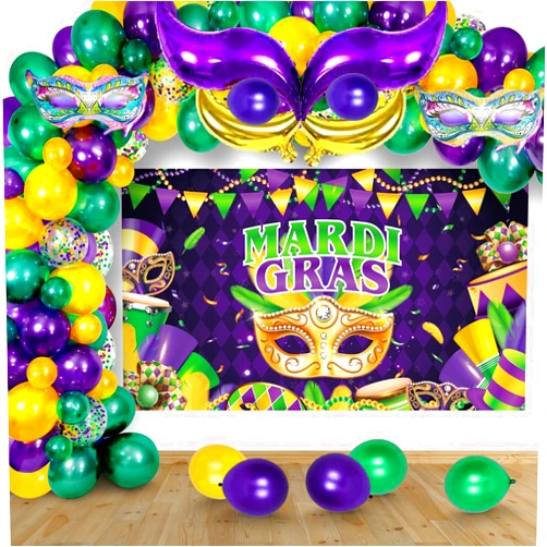 Elefama Mardi Gras Balloons Garland Arch Kit with Mardi Gras Banner Green Purple and Gold Confetti Mylar Foil Balloon Arch kit 115PCS Mardi Gras Balloon Garland Kit Decorations for Mardi Gras Party