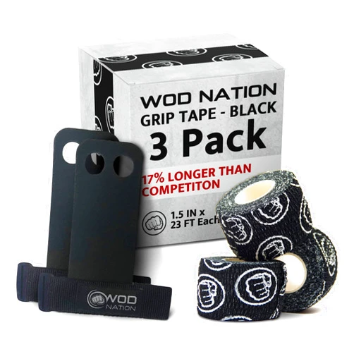 WOD Nation (Bundle - Weightlifting Hook Grip Tape - Bulk Packs - 23 Feet Per Roll, Comfortable, Stretchy Athletic Tape (3 Pack) & Barbell Gymnastics Grips Perfect for Pull-up Training (Large)