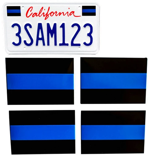 Riley Express Aluminum Thin Blue Line Sticker Emblems | in Support of Police Officers and Law Enforcement | 4 Pack Line License Decals (1.5” x 1”) Perfect for Cars and Trucks