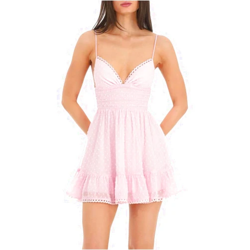 Cjfdfy Summer Women Spaghetti Strap Dress Swiss Dot V-Neck Sleeveless Backless A-line Flowy Mini Cami Dress