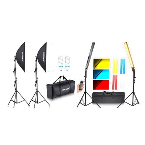 NEEWER 700W Equivalent Softbox Lighting Kit with LED Video Light Stick 2 Pack Handheld Dimmable 3200K~5600K CRI97+, Photography Continuous Lighting Kit for Photo Video Shooting