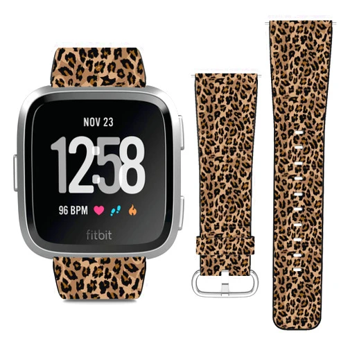 SimplyYours Compatible with Fitbit Versa, Versa 2, Versa Lite, Leather Replacement Bracelet Strap Wristband with Quick Release Pins // Leopard Design