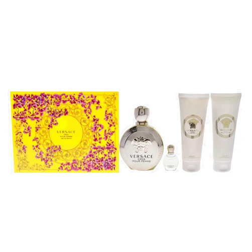 Versace Versace Eros 3.4oz EDP Spray, 3.4oz Body Lotion, 3.4oz Bath and Shower Gel, 5ml EDP Rollerball Mini Women 4 Pc Gift Set