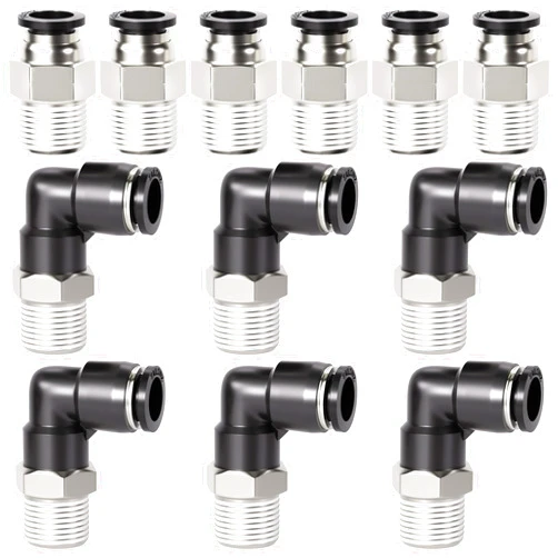 TAILONZ PNEUMATIC Elbow and Straight Combination 6MM Tube OD x 1/8 Inch NPT Thread Push to Connect Fittings PC6-N1+PL6-N1(Pack of 12)