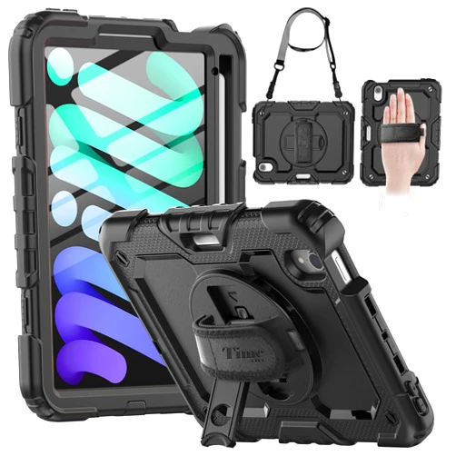 Timecity Case for iPad Mini 7 (A17 Pro) 2024/ Mini 6 8.3 inch, Case for iPad Mini 7th/6th Generation, Durable Protective Case with Screen Protector, Pencil Holder, Rotating Stand & Handle Strap-Black